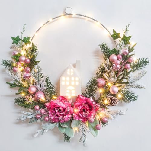 Christmas Wreath Decor -18inch Pink Wreaths for Front Door with Ball Ornament Pine Needles Berries,prelit Pink Door Wreath 40 LED Lights,Wall Fireplace Mantle and Porch Decoration by Vofuly