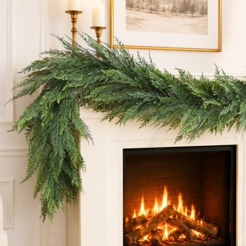 9FT Christmas Garland Full Layered Greenery Real Touch Cedar Garland by Zilithra