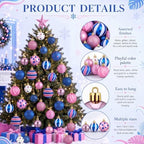 Lunmon 64 Pcs Blue Pink Christmas Ball Ornaments Set Cartoon Xmas Baubles - Image 4