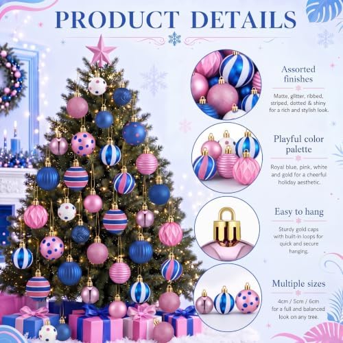 Lunmon 64 Pcs Blue Pink Christmas Ball Ornaments Set Cartoon Xmas Baubles - Image 4