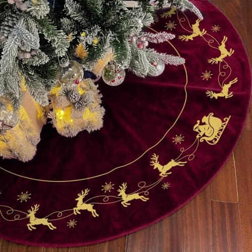 Burgundy Christmas Tree Skirt 30 Inch - Velvet Santa Sleigh Xmas Decor by Scritism