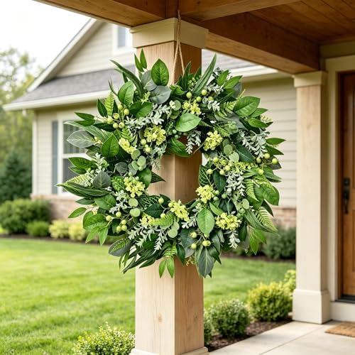 24 Inch All Season Greenery Wreath,Artificial Eucalyptus Wreath for Front Door,Farmhouse Spring Summer Fall Winter Decor, Indoor Outdoor Home Wall Porch Decoration - Image 4