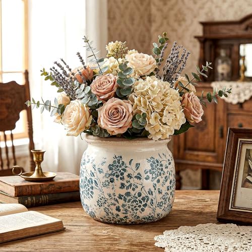 7.7" Large Ceramic Plant Pot Beige Green Vintage Peony Crackle Glaze Rustic Flowers Pot Decorative Planter with Drainage for Indoor Outdoor Plants Home Kitchen Office Decor Gift - Image 4