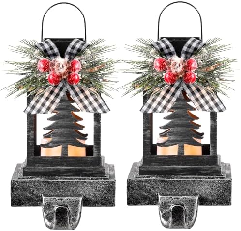 Therwen 2 Pcs Christmas Stocking Holders Lantern, LED, Xmas Tree, Black by Therwen