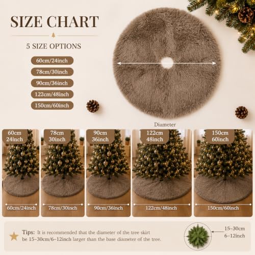 60 Inch Christmas Tree Skirt - Fluffy Faux Fur Light Brown Tree Skirt, Toka Colored Plush Xmas Holiday Decor for Parties, Small Round Tree Skirt - Image 6