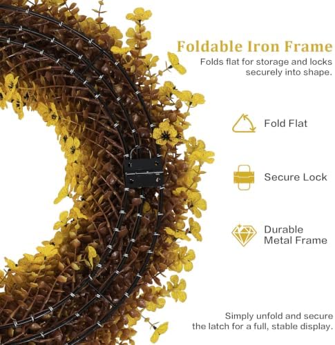 24" Yellow Fall Wreath for Front Door, Artificial Mums Autumn Wreath - Image 3