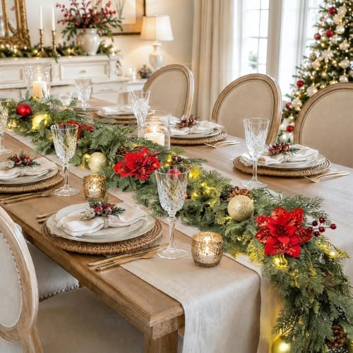 Christmas Garland 9FT Decorations Cedar Cypress Garland with Berry Pine Cone Poinsettia Balls Artificial Green Garland with Lights for Mantle, Fireplace, Table, Stairs, Indoor Outdoor Decorations - Image 3