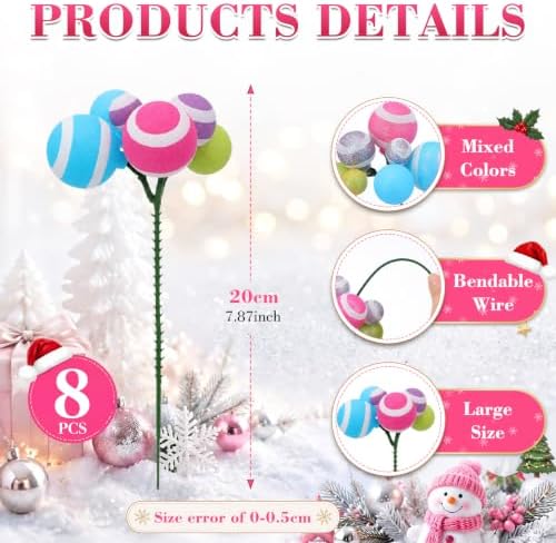Daifunli 8 Pcs Candy Christmas Tree Picks 7.87 Inch Candy Land Christmas Balls Ornaments Xmas Hanging Decorations for Xmas Tree Topper DIY Wreath Holiday Floral Vase Fillers Crafts Home Decor - Image 2
