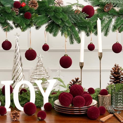 XmasExp 36PCS Velvet Christmas Ornaments Set Mixed Flocked Balls Ornaments Shatterproof Christmas Tree Decorations for Holiday,Party,Home(Burgundy) - Image 6