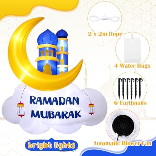 Gemscream 5.9FT Ramadan Inflatable Outdoor Decorations Moon Eid Mubarak Inflatables Blow up Muslim Holy Celebration Decor with LED Lights Muslim Islamic Blow up for Holidays Yard(Blue Stylish) - Image 2