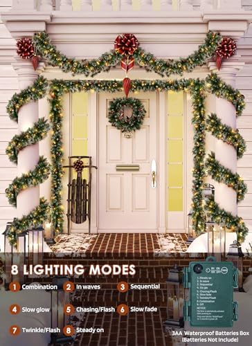 Christmas Garland with Lights, 9Ft Prelit Garland, 8 Light Modes & Timer - Image 4