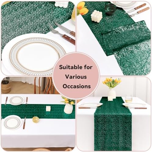 Sugargirl 10 Packs 12 x 72 inches Sequin Table Runner, Glitter Dark Green Table Runner for Birthday Party Supplies Wedding Holiday Celebration Event Decorations - Image 4