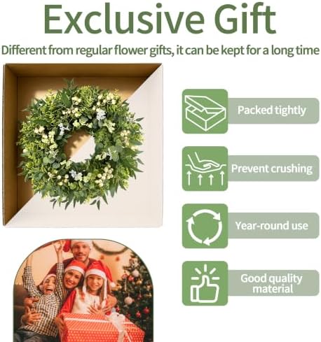 Green Wreath with Berries&Boxwood, Eucalyptus Wreaths for Front Door Artificial Spring Summer Christmas Door Wreath Front Door Wreath Farmhouse Decor for Wall Porch Window(24inch) - Image 5