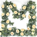 2 Pack Spring Artificial Eucalyptus Flower Garland with Champagne Roses, 13FT Fake Flower Greenery Floral Vines Green Garland for Wedding Arch Table Runner Backdrop Mantle Home Decorations (Champagne) by Grandeal