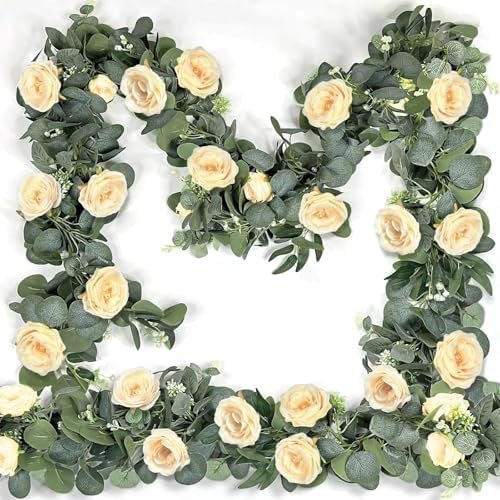 2 Pack Spring Artificial Eucalyptus Flower Garland with Champagne Roses, 13FT Fake Flower Greenery Floral Vines Green Garland for Wedding Arch Table Runner Backdrop Mantle Home Decorations (Champagne) by Grandeal