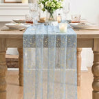 Artoid Mode 3PC Gold Gauze Light Blue Table Runner 120 Inch 10FT, Glitter Metallic Foil Sheer Dining Wedding Anniversary Holiday Birthday Table Decor for Home Party - Image 2
