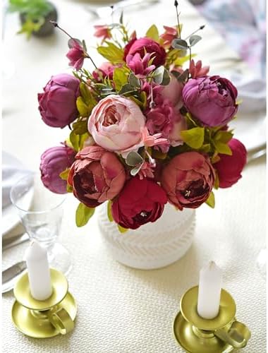 FiveSeasonStuff Mystic Blush Silk Peony & Hydrangea Bouquet with 2 Gold Taper Candle Holders; Vintage-Inspired Artificial Flowers for Weddings & Home Decor - Image 6
