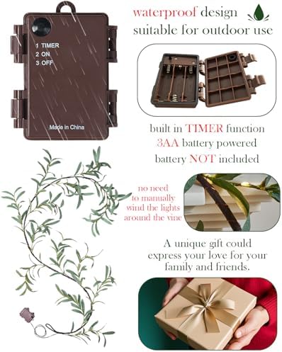 Fudios Lighted Olive Garland Battery Operated with Timer 96 LED Fairy Lights 6ft, Mantle Fireplace Vine Garland with Lights for Spring Easter Decoration Christmas Valentines Wedding Party - Image 3