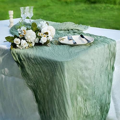 12 Pcs Sage Green Cheesecloth Table Runner 13ft Boho Gauze Cheesecloth Table Runner 160 inch Long for Christmas Wedding Bridal Baby Shower Birthday Table Decorations - Image 5