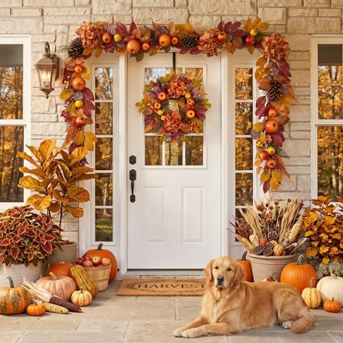 DecorbyHannah 18'' Fall Wreath for Front Door with Lights & Pomegranate - Image 2
