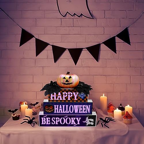 BlcTec Halloween Decorations Indoor, Premium Wood Block Sign with Lighted 3D Letters, Pumpkin, Maples & Berries, Timer Battery Operated Halloween Décor for Home Tabletop, Mantle, Shelf, Tiered Tray - Image 3