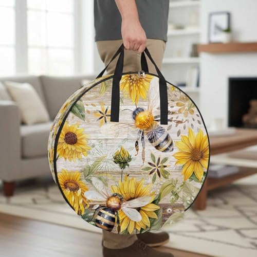 Summer Sunflower Bee Round Storage Bag 24 Inch, Yellow Floral Plants Wood Grain Rustic Clothes Storage Container with Handles Heavy Duty Organizer for Comforter, Bedding & Holiday Wreaths - Image 2