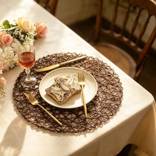 IcosaMro Round Woven Placemats Set of 12 for Dining Table, 15 Inches Paper Boho Decorative Circle Place Mats for Wedding Christmas Thanksgiving Day Holiday Dinner (Tan Brown) - Image 4