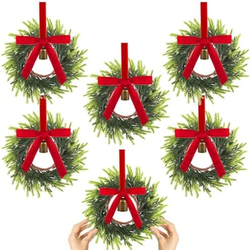 6 Pcs Christmas Deep Red Pine Needle Wreath Bulk Artificial 10 Inch Green Leaves for Front Door Cabinets Wreath Indoor Outdoor Wall Decor Christmas Wall Home Kitchen Decoration by Gosodeny