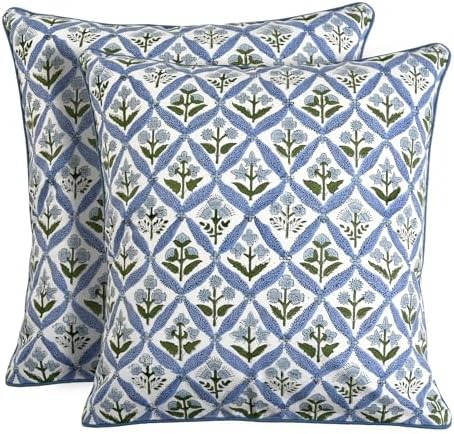 Ridhi Block Print Light Steel Blue Pillow Cover 20" x 20" (Pack of 2) Decorative Couch Pillows for Living Room, Chic Boho Cute Outdoor Pillows Covers Gifts for Spring, Easter and Valentine by Ridhi