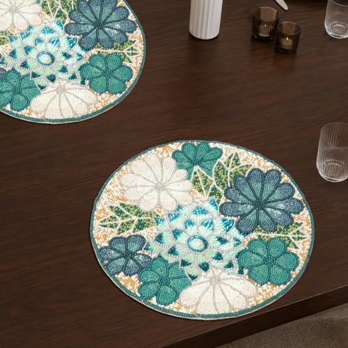 Lightnpro Flower Beaded Placemats Round, Rustic Farmhouse Hand Beaded Floral Placemats to Decorate Christmas Xmas Wedding Family Party Thanksgiving Dinner Table Décor - 13 Inch - Teal Combo - Image 2