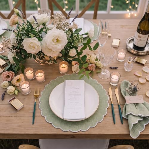 Set of 24 Sage Green Cotton Placemats 15" Round Scalloped White - Image 4