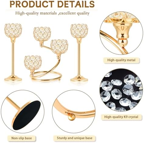 Gold Metal Crystal Candle Holder Set of 3 - Elegant 5-Arm Metal Tea Light Centerpiece with Shining Crystal Bowl, Wedding Anniversary Table Decor for Dining, Party - Image 4
