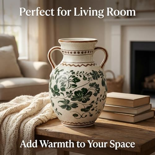 EFISPSS Ceramic Vintage Vase Decorative Spring Decor Chinese Crackle Floral Handle for Dining Room Living Room Green - Image 6
