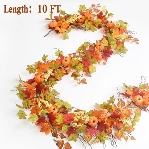 MIZII Fall Decor Artificial Maples Leaf Pumpkin Garland 10FT Autumn Maple Vines Garland Thanksgiving Halloween Harvest Decorations for Home Porch Mantle Fireplace Farmhouse Outdoor Indoor (10FT,Maple) - Image 2
