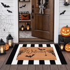 Halloween Welcome Door Mat Combo Set, Skeletal Hand Coco Coir Doormat -28" x 43" Black and White Striped Rug, Autumn Front Porch Entryway Decor Floor Mat by Fallovea