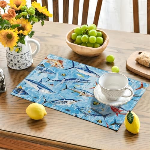 Blue Fish Placemats Set of 6 Fishing Table Mats Ocean Place Mats Decor Imitation Linen Heat Resistant Tablecloth for Dining Decorations Kitchen Party Restaurants 12''x18'' - Image 2