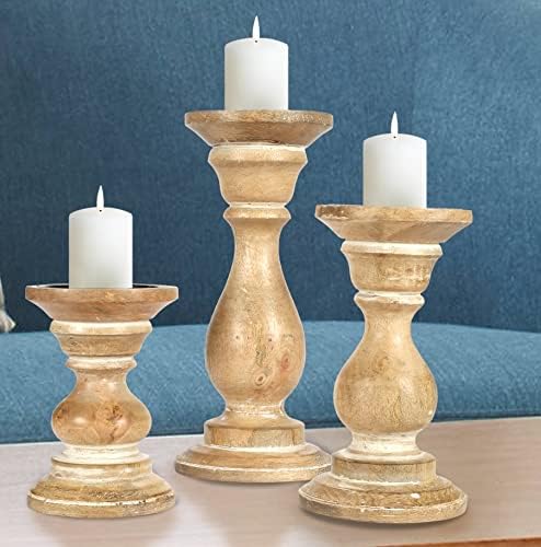 Homebia Design Wooden Pillar Candle Holder Set of 3 – 10, 8, 6"–White Wash - Image 3