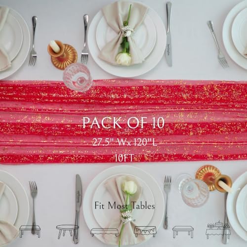 Snowkingdom 10Pcs 10Ft Red Gold Foil Gauze Sheer Table Runner - Image 2