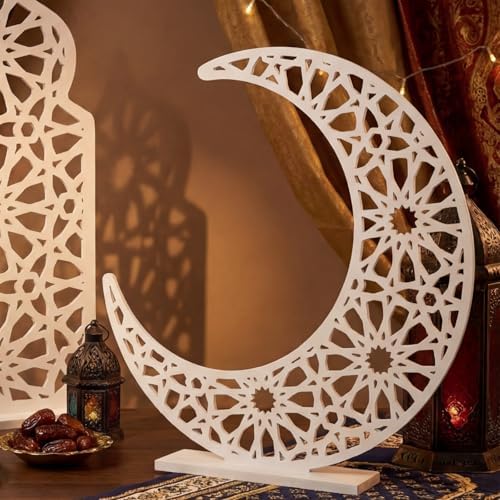 Sintuff 2 Pack Large Wooden Ramadan Decor Islamic Eid Mubarak 3ft Crescent Moon & 4ft Mosque Dome White Floor Decor for Room Entrances Ramadan Kareem Gift Party Home Decoration, Lights Not Included - Image 4