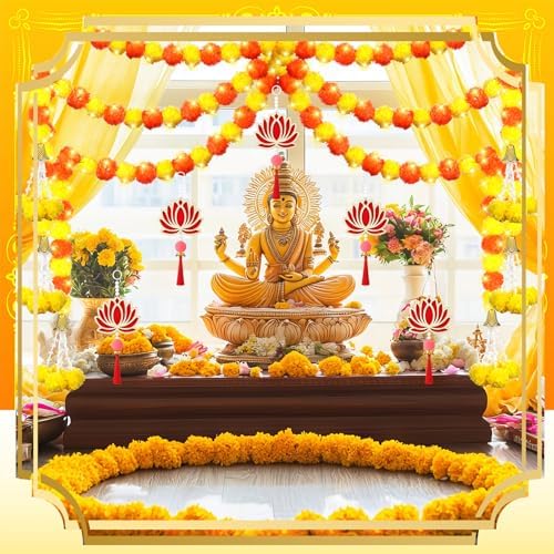11 Pcs Diwali Decoration 5 Pcs 4.92 ft Marigold Garland Decoration with String Light 6 Lotus Hanging Ornament Indian Decor for Pooja Artificial Marigold Garlands for Wedding Home Temple Party Decor - Image 4