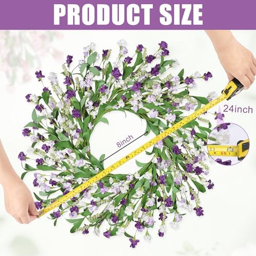 24" Spring Wreaths for Front Door Not Withering Artificial Floral Wreath with Wildflowers Summer Decorations for Indoor Outdoor Window Wall Farmhouse porch Wedding Easter Home Decor Purple White - Image 4