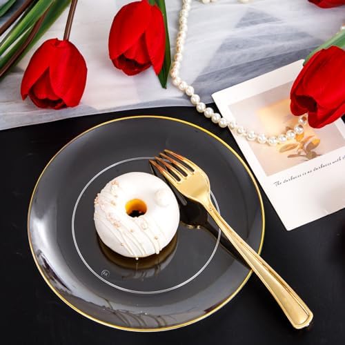 PULOTE 100PCS Clear and Gold Plastic Plates - Heavy Duty Clear Disposable Plastic Plates With Gold Trim for Wedding&Party Include 50 Dinner Plates, 50 Dessert Plates - Image 6