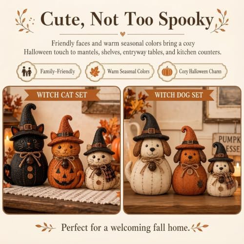 Vintage Witch Cat & Dog Decor Set, 3PCS Halloween Witch Cat & Dog Figurines, Rustic Black Cats Dogs Pumpkin Statues, Farmhouse Fall Decorations for Mantel, Bookshelf and Table (Cat) - Image 5