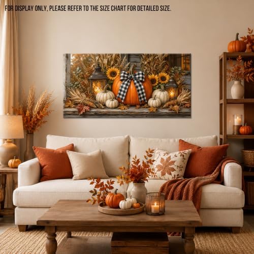 WAXWHELK Pumpkin Fall Canvas Wall Art, Lanterns Sunflowers and Gingham Bow Rustic Farmhouse Painting Pictures, Pumpkin Autumn Thanksgiving Artwork Decor for Bedroom Living Room (20"x40") - Image 2