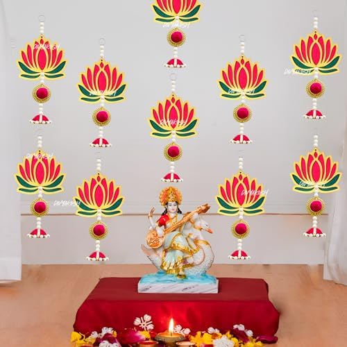 Divyakosh Pink & Green Lotus Hangings with Jhumki for Decoration, Pack of 10 | Door/Wall Decor, Mandir Pooja Room, Temple Decor, Export Quality | Size - 8 Inches | - Image 2