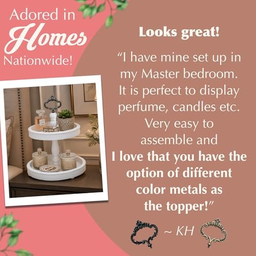 2 Tiered Tray Stand [Includes 3 Changeable Handles] - Rustic Cupcake Stand, Coffee Table Tiered Serving Tray for Kitchen Counter, Stunning Rustic Home Decor, Display Fruits, Plants, Candles (White) - Image 2