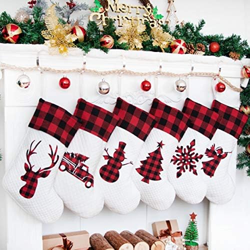 LUBOT Set of 6 Christmas Stocking(20inch) Silhouette Buffalo Red Plaid/Rustic/Farmhouse/Country Cotton Fireplace Hanging Xmas Stockings Decorations for Family Holiday Season Decor by LUBOT