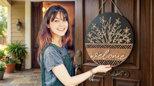 3D Round Wooden Welcome Sign Rustic Front Door Floral Porch Outdoor x2 - Image 4