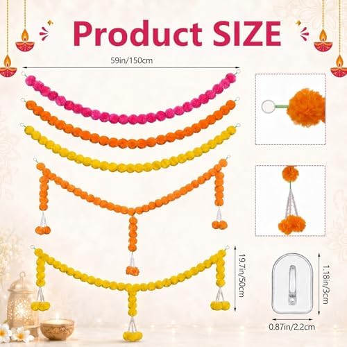 Knitgrip 5 Pcs Marigold Garland Pink Yellow Orange with 12 Hooks Indian - Image 2