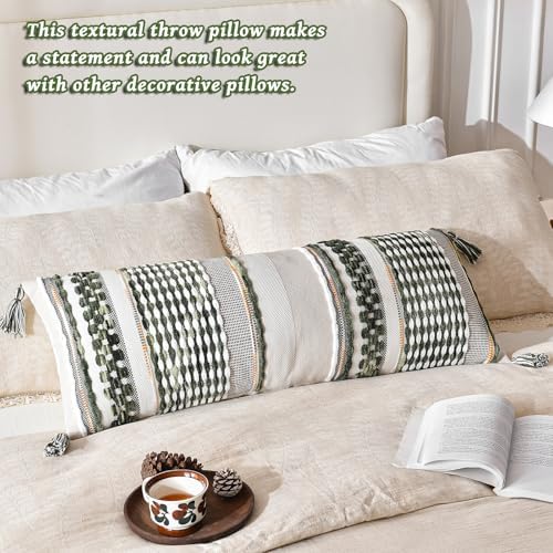 AmHoo Chenille Striped Textured Boho Throw Pillow Covers Aesthetic with Tassels Woven Decorative Pillow Case for Couch Bed Sofa Bedroom Modern Funky 14 x 36-Inch Sage Green - Image 5